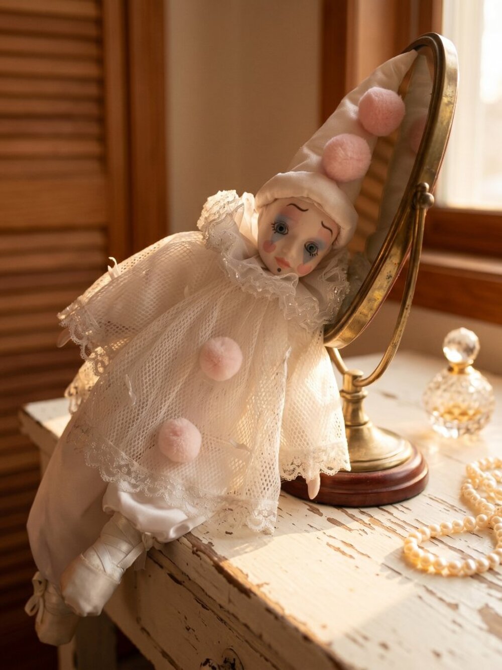 Bradley's Vintage Porcelain Harlequin Pierrot Ballerina Clown Doll Adorable!